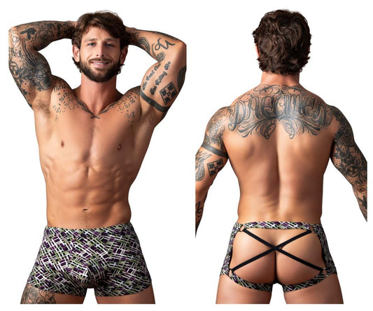 Male power 148-303 gridlocked strappy back short black and white patterned briefs with black cross-back straps back view