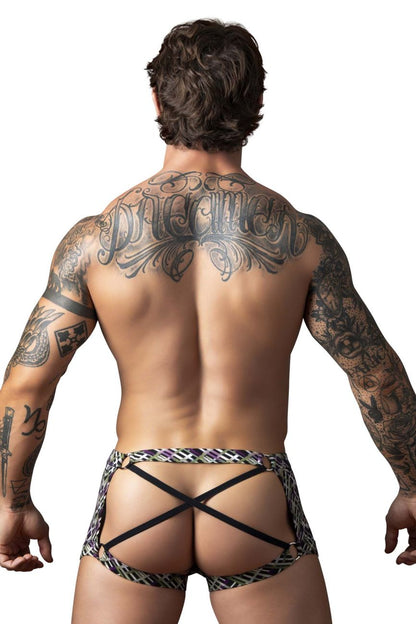 Black and printed leather harness-style briefs with crisscross straps showing the back side by male power