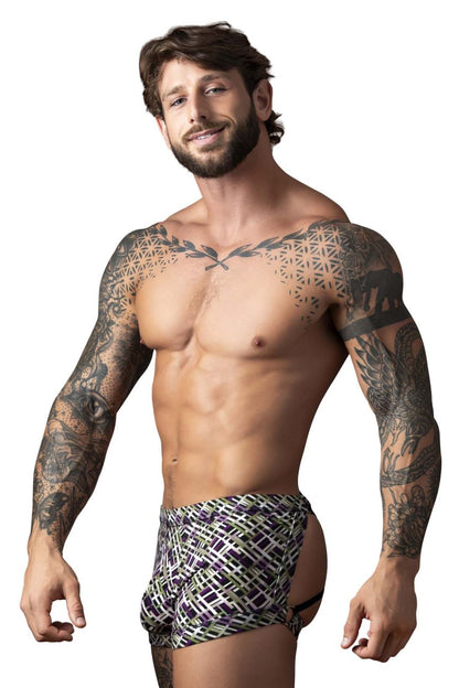 Male power 148-303 gridlocked strappy back short men’s briefs with black white and green geometric pattern and modern design