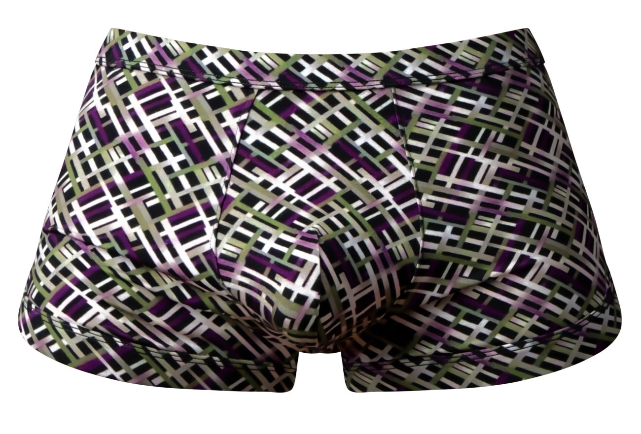Male power 148-303 gridlocked strappy back short color printed men’s briefs with purple white and olive green geometric pattern