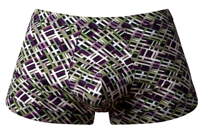 Male power 148-303 gridlocked strappy back short color printed men’s briefs with purple white and olive green geometric pattern