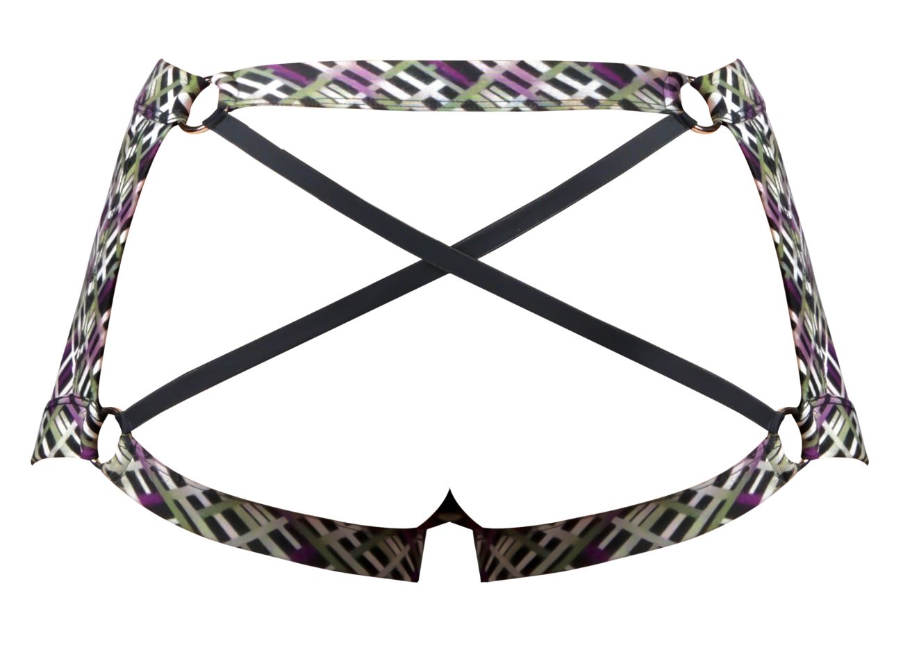 Purple and green geometric patterned Male Power 148-303 gridlocked strappy back short bikini bottom with black straps back view