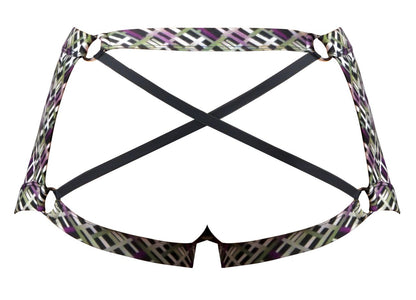 Purple and green geometric patterned Male Power 148-303 gridlocked strappy back short bikini bottom with black straps back view