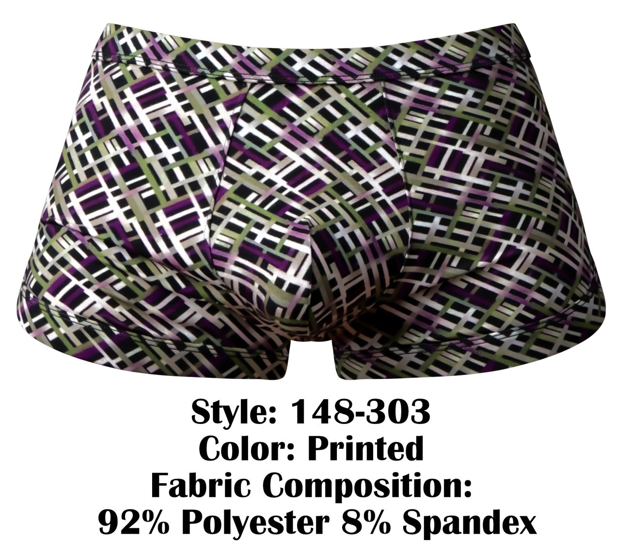 Printed male power 148-303 gridlocked strappy back short boxer briefs with bold black white purple and olive green geometric pattern