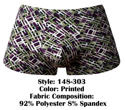 Printed male power 148-303 gridlocked strappy back short boxer briefs with bold black white purple and olive green geometric pattern