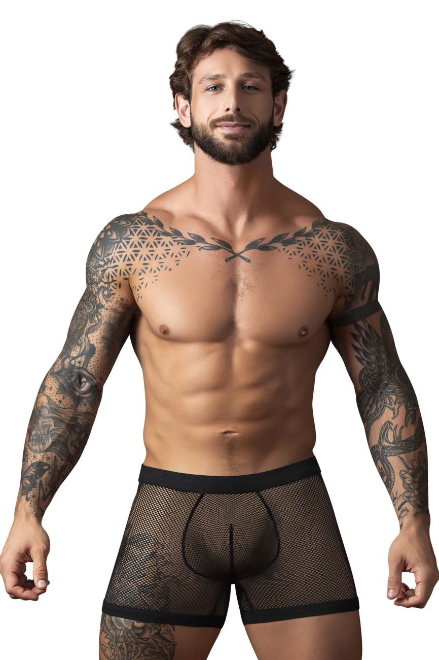 Male power 152-11c fishnet black mesh boxer briefs with solid black waistband and dual pouch design