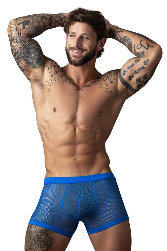 Male power 152-11c fishnet 2 pouch royal blue mesh boxer briefs with solid blue trim front view
