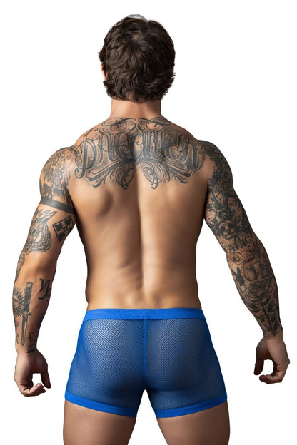 Male power 152-11c fishnet boxer briefs in royal blue mesh with a solid blue waistband and dual pouch design