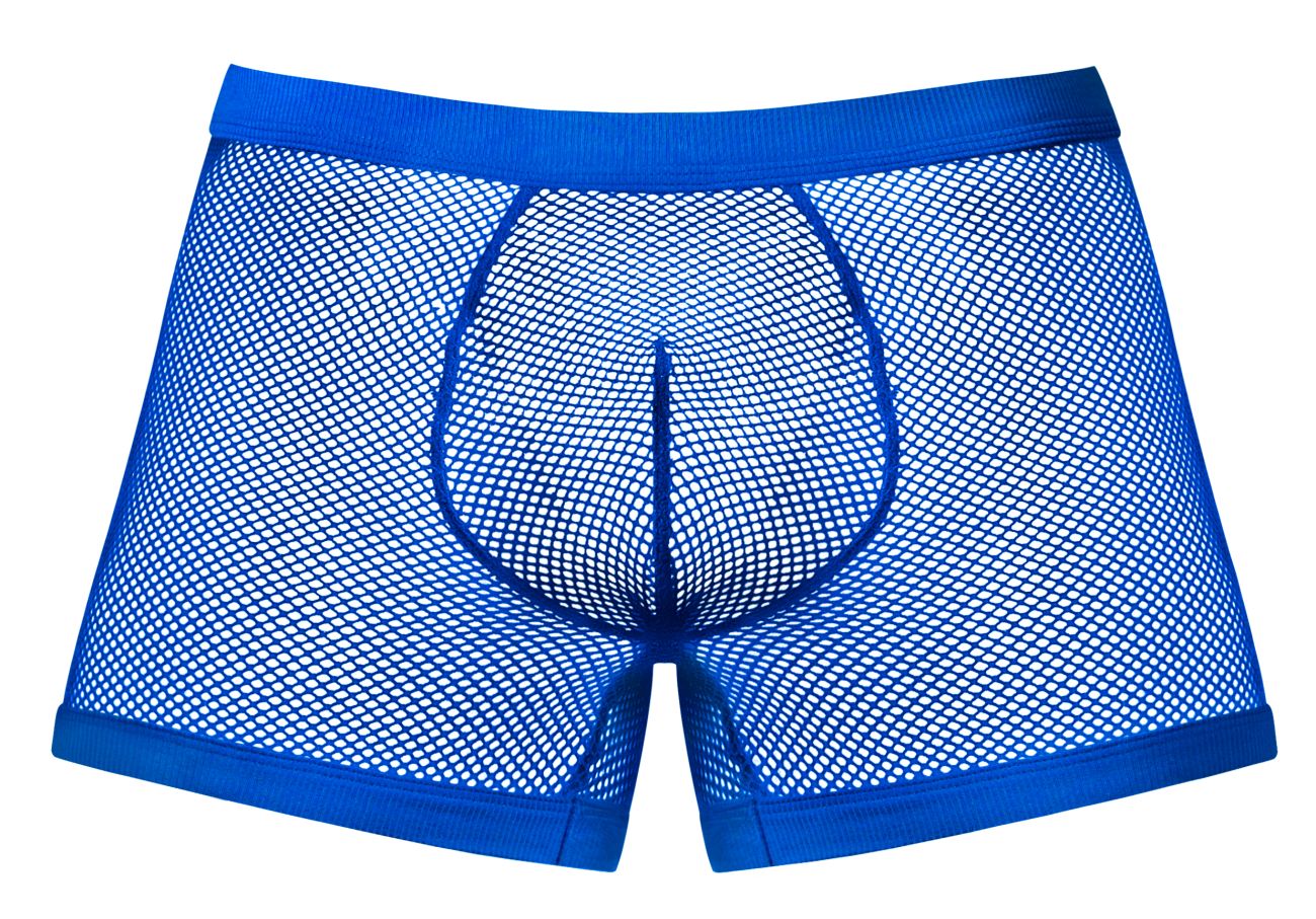 Male power royal blue mesh boxer briefs with solid waistband and leg openings fishnet 2 pouch short