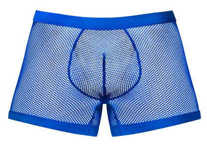Male power royal blue mesh boxer briefs with solid waistband and leg openings fishnet 2 pouch short
