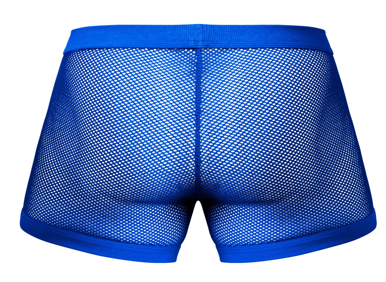 Male power 152-11c fishnet 2 pouch shorts in bright royal blue mesh with solid waistband and hem