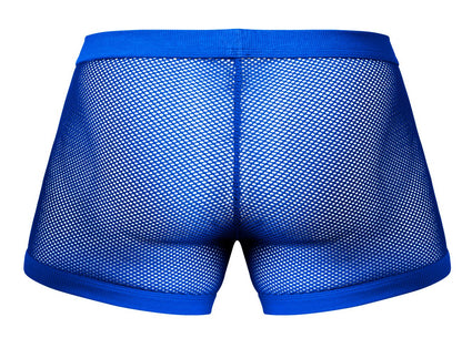 Male power 152-11c fishnet 2 pouch shorts in bright royal blue mesh with solid waistband and hem