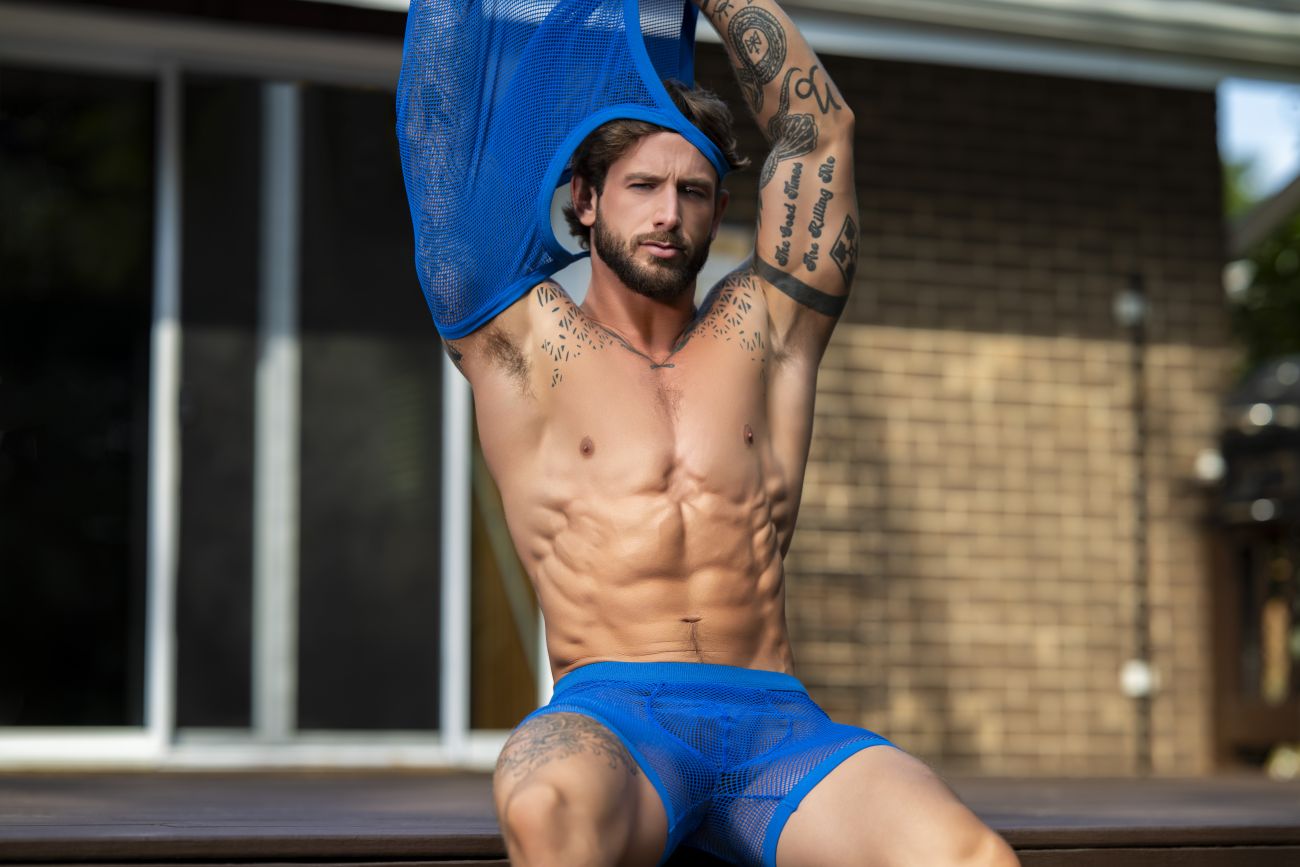 Male power royal blue fishnet mesh swim trunks with two pouch design for men