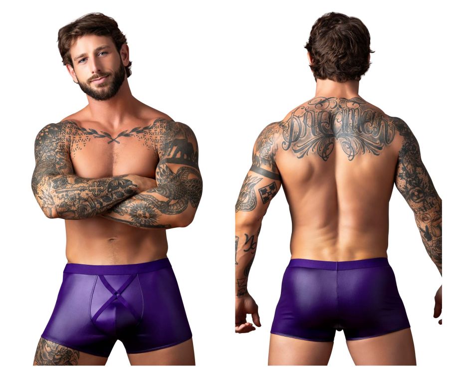 Male power 152-302 eggplant crossover short is a purple shiny faux leather brief with a central x-shaped front design