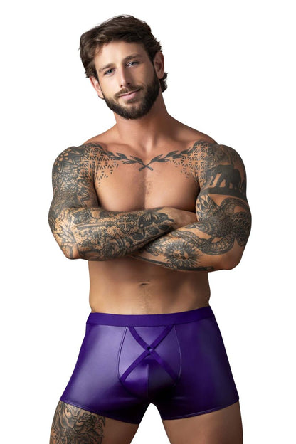 Purple satin briefs with a crossed front design from male power in eggplant color for stylish comfort
