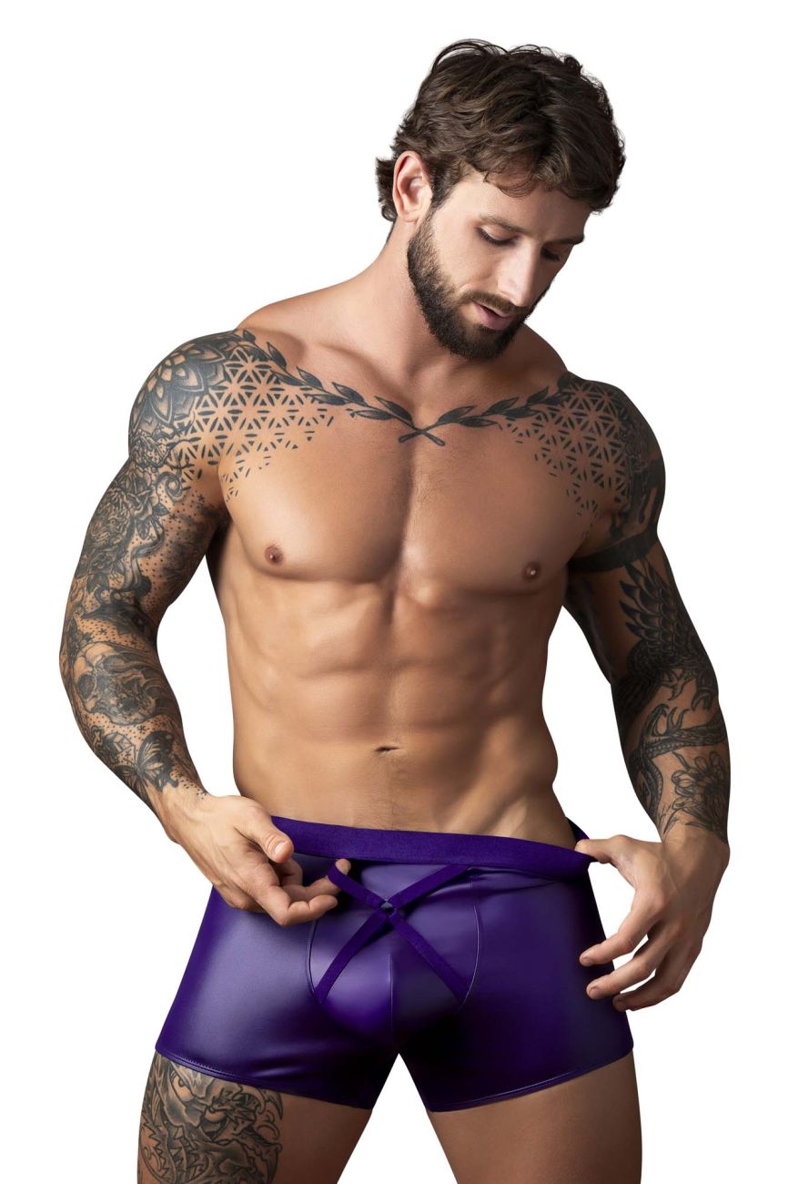 Purple patent leather briefs with front tie closure from male power 152-302 eggplant crossover short plum color