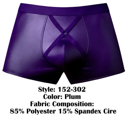 Male power 152-302 eggplant crossover short plum faux leather boxer briefs with shiny finish and crisscross front design