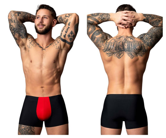 Male power 154-300 hot mesh pouch short briefs in black with a bold red front mesh panel for enhanced comfort and style