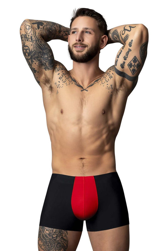 Male power 154-300 hot mesh pouch short boxer briefs in black and red with a bold central red panel