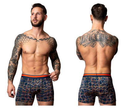 Men’s navy blue male power soo cumfy boxer briefs with orange and pink geometric pattern and orange waistband