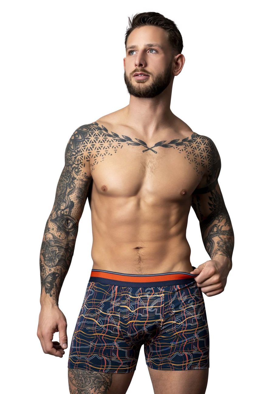 Men’s navy blue Male Power Soo Cumfy boxer briefs with orange and white geometric pattern and orange waistband