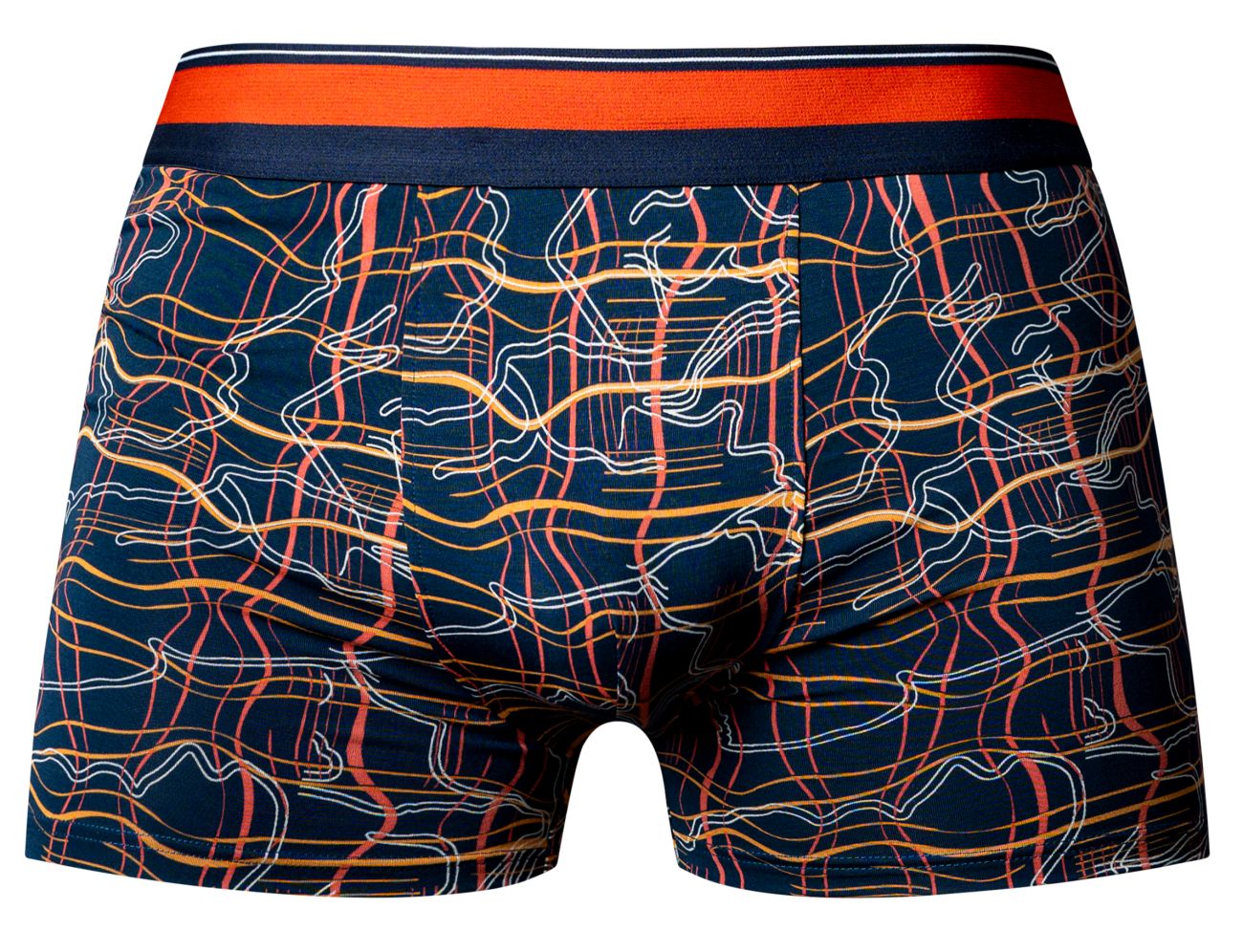 Male power 160-299 soo cumfy boxer brief in navy blue with vibrant orange yellow and white abstract wavy lines pattern