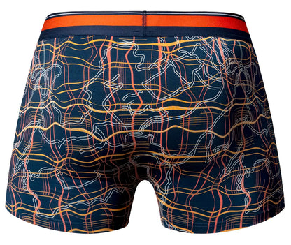 Navy blue male power boxer briefs with vibrant orange yellow and white wavy abstract pattern for comfortable wear