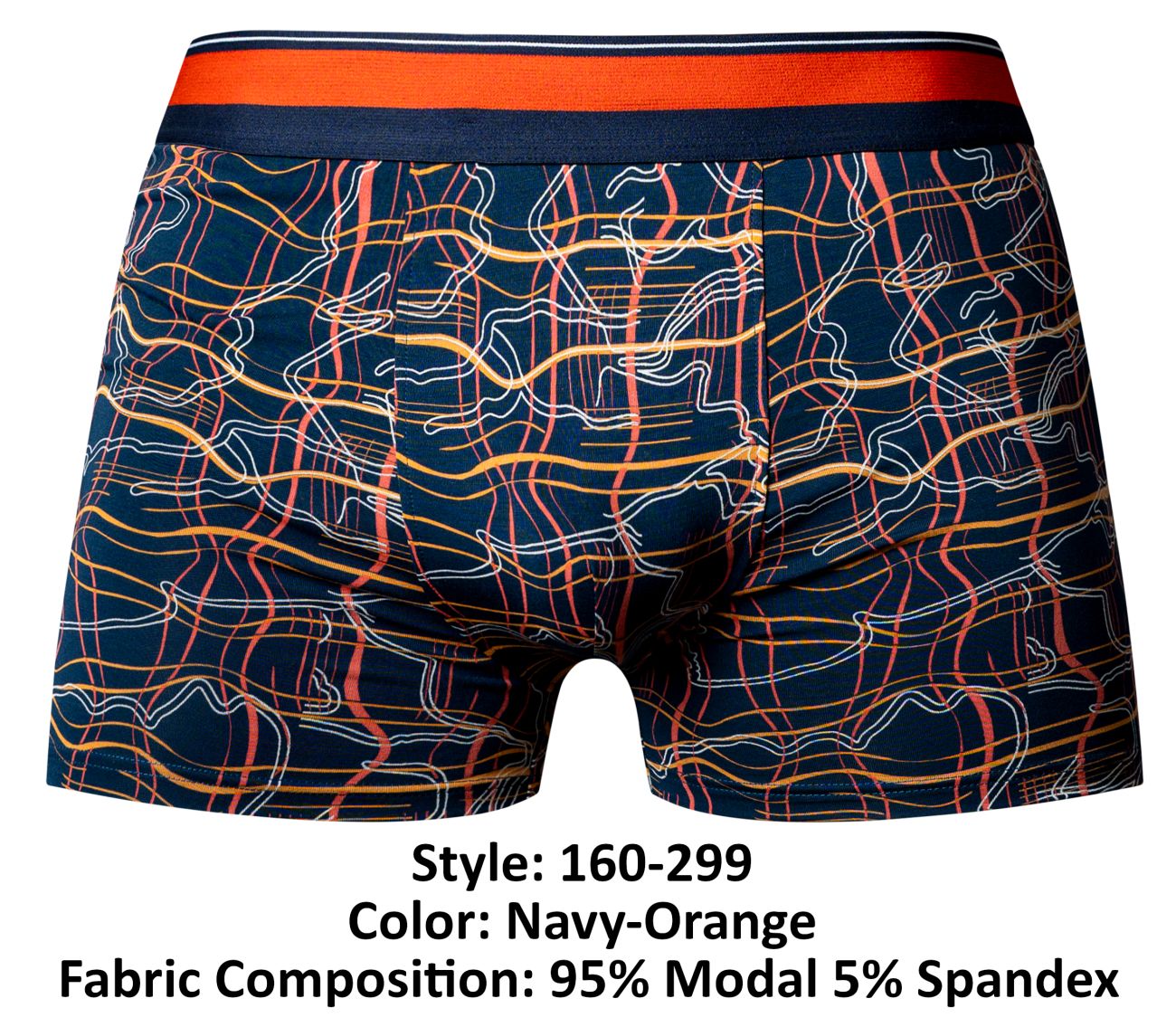 Male power 160-299 soo cumfy navy-orange boxer briefs with dynamic wavy orange yellow and white lines on dark blue background