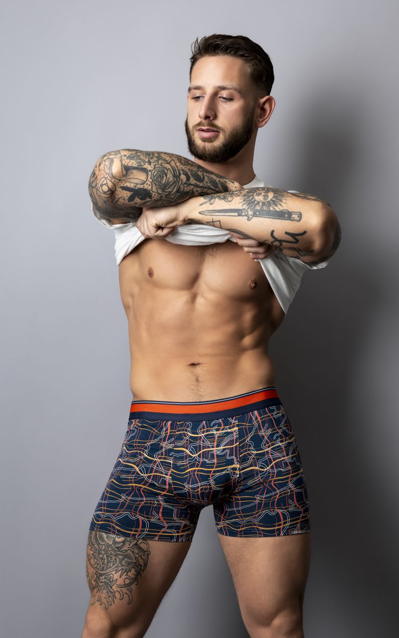 Male power 160-299 soo cumfy navy blue boxer briefs with vibrant orange pink white geometric lines and orange waistband