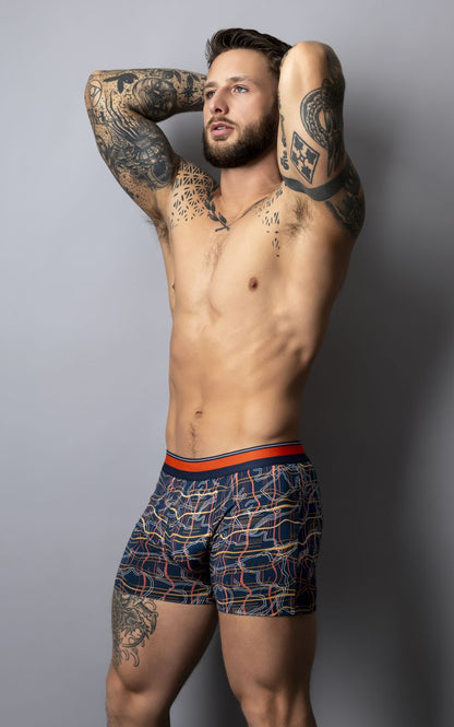 Male power 160-299 soo cumfy navy boxer briefs with orange and white geometric pattern and orange waistband