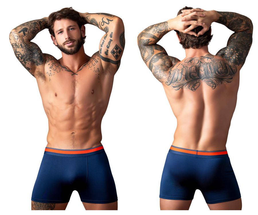 Navy blue male power soo cumfy boxer briefs with bright orange elastic waistband for comfortable everyday wear