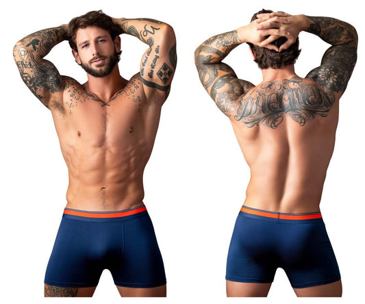 Navy blue male power soo cumfy boxer briefs with bright orange elastic waistband for comfortable everyday wear