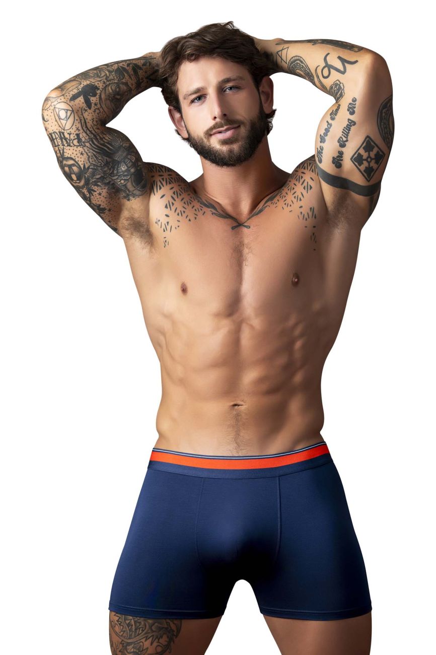 Navy blue male power 160-299 soo cumfy boxer briefs with bright orange elastic waistband for comfortable wear
