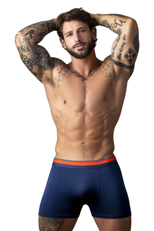 Navy blue male power 160-299 soo cumfy boxer briefs with bright orange elastic waistband for comfortable wear