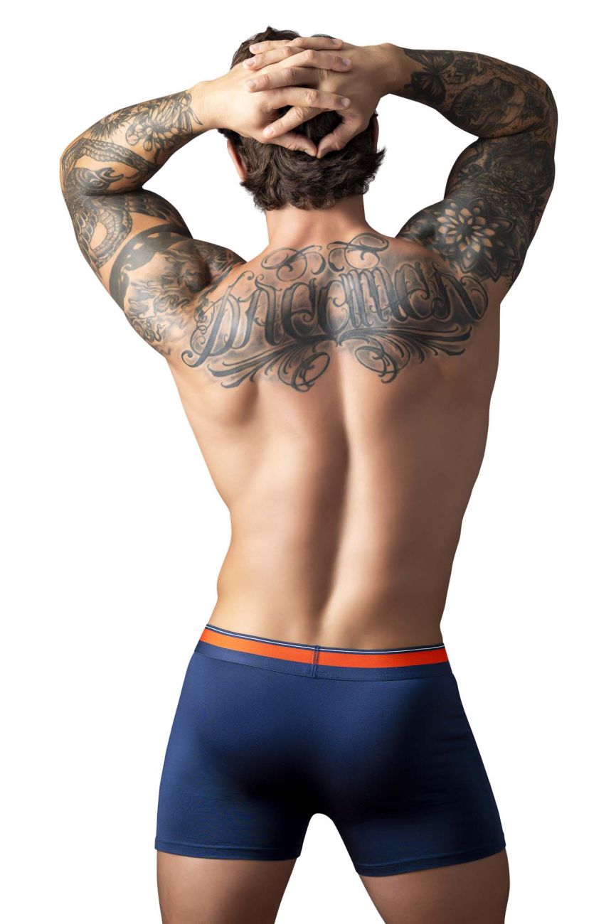 Male Power 160-299 Soo Cumfy boxer briefs in navy with bright orange elastic waistband for comfortable wear