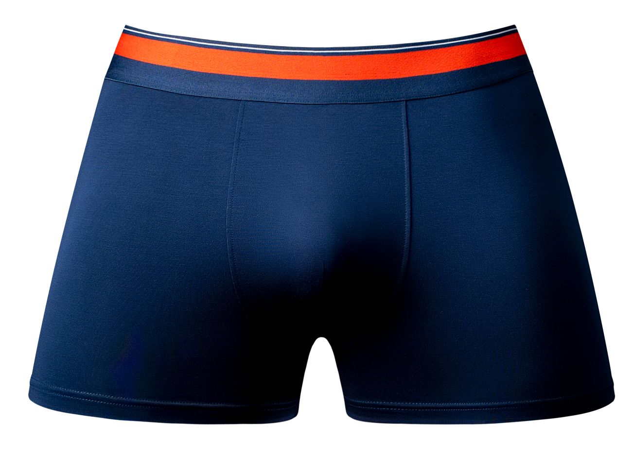 Navy blue male power soo cumfy boxer briefs with bright orange waistband and white dark blue stripes