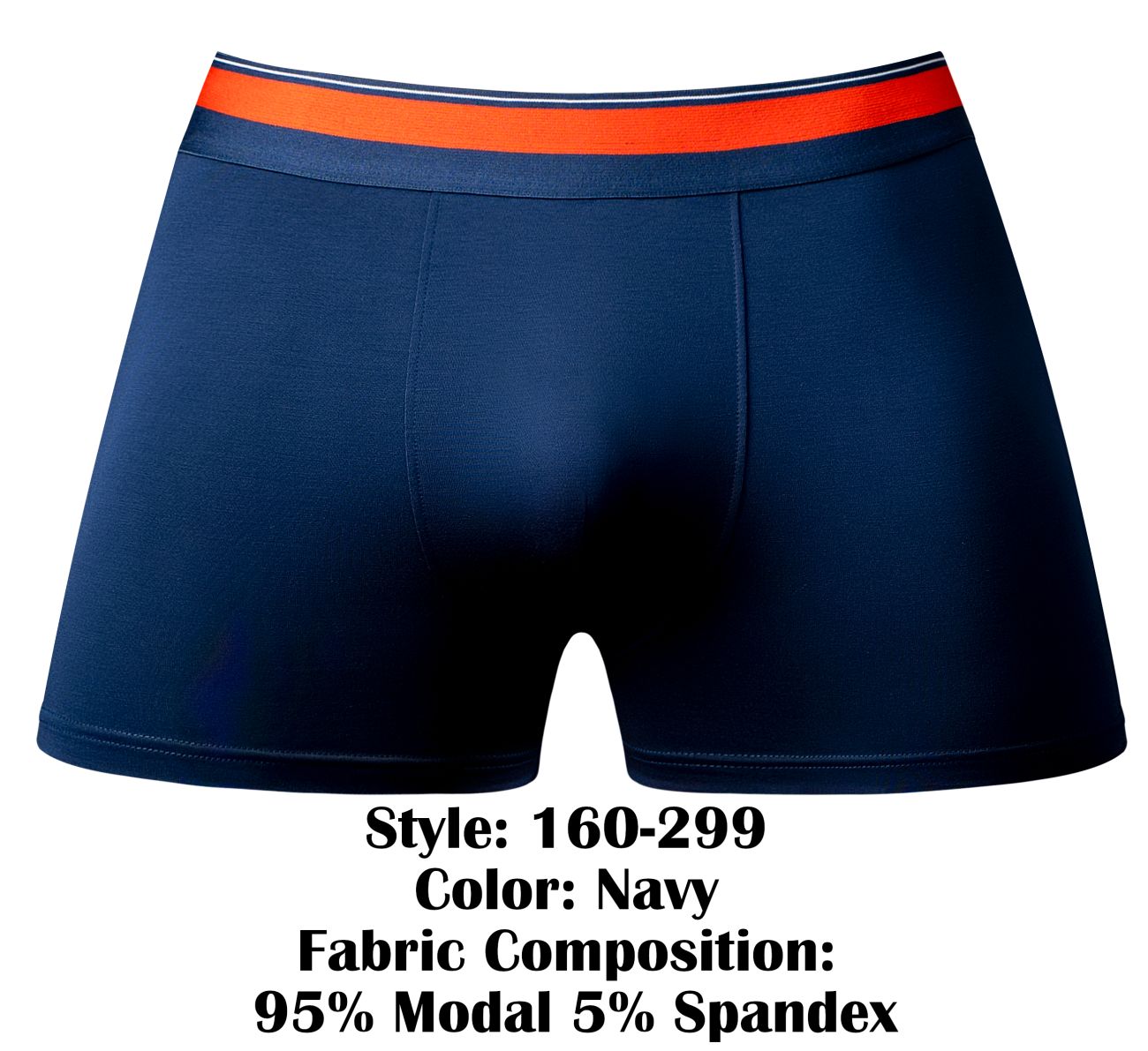Male Power 160-299 soo cumfy boxer brief in navy with contrasting orange and white striped waistband for comfortable wear