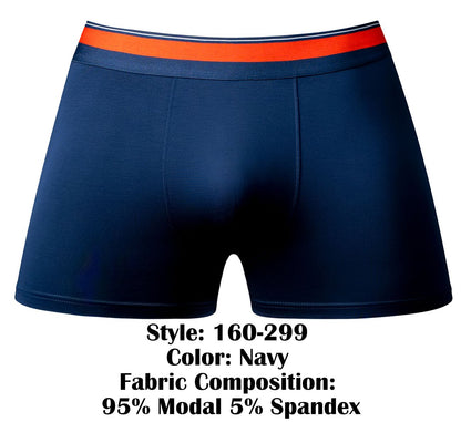 Male Power 160-299 soo cumfy boxer brief in navy with contrasting orange and white striped waistband for comfortable wear
