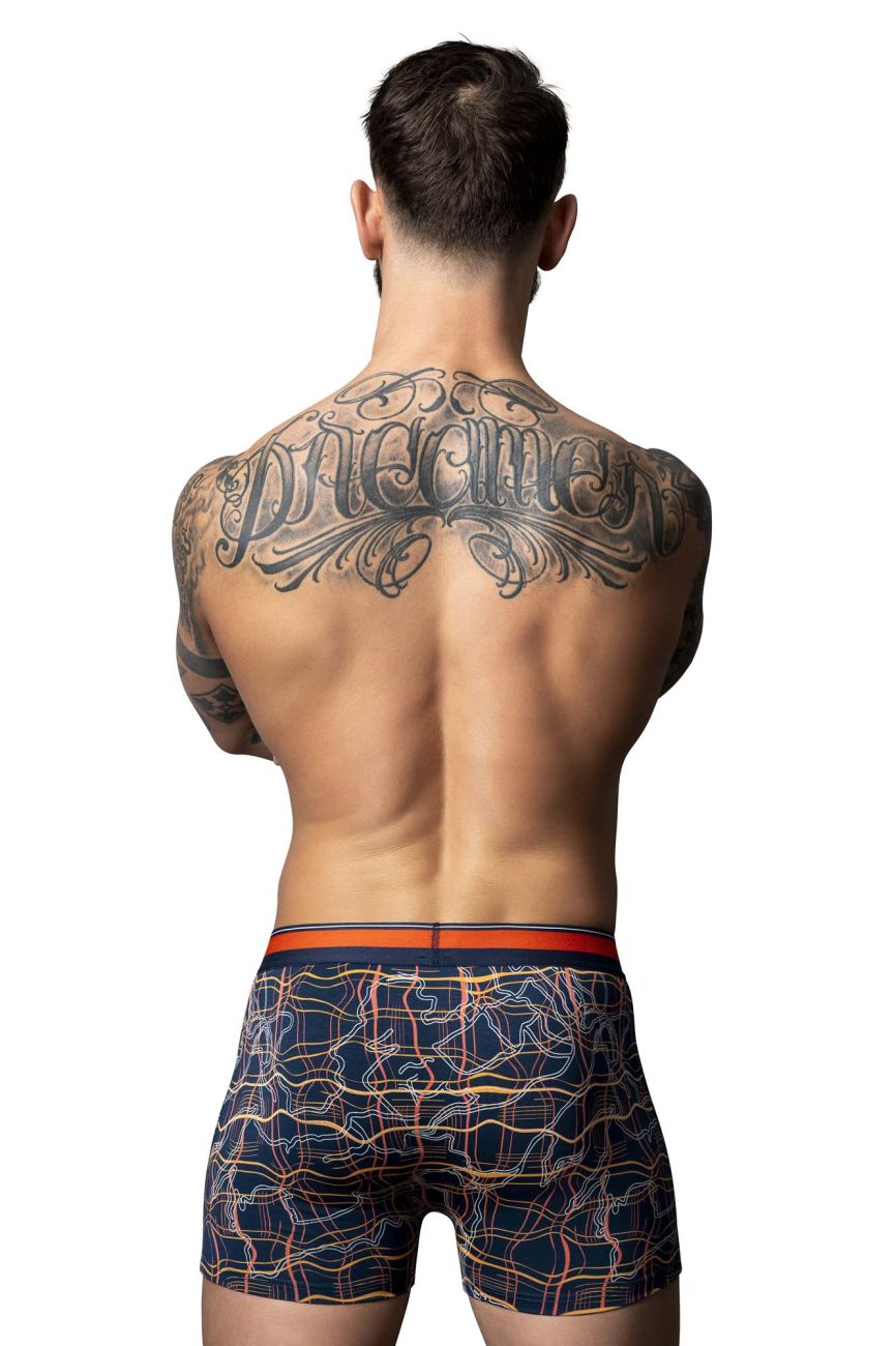 Male Power 160-299 Soo Cumfy boxer briefs in navy with orange and white geometric pattern and orange waistband