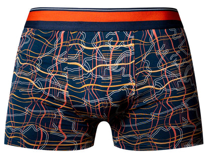 Navy blue male power soo cumfy boxer briefs with vibrant orange yellow and white abstract wavy pattern on fabric