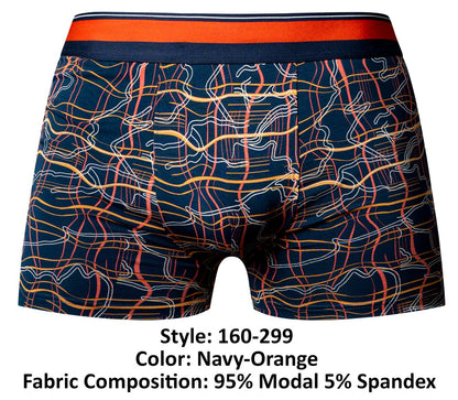 Male power 160-299 soo cumfy boxer brief in navy with wavy orange yellow and white lines on dark blue fabric