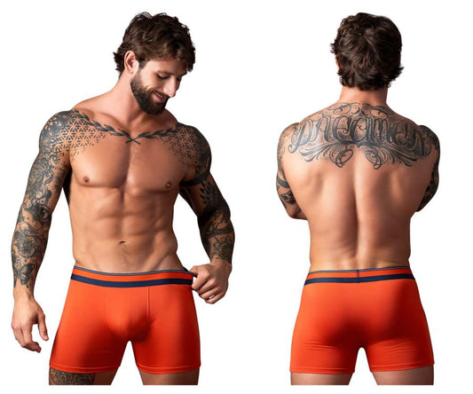 Male power 160-299 soo cumfy boxer brief in orange with navy blue trim designed for comfortable wear