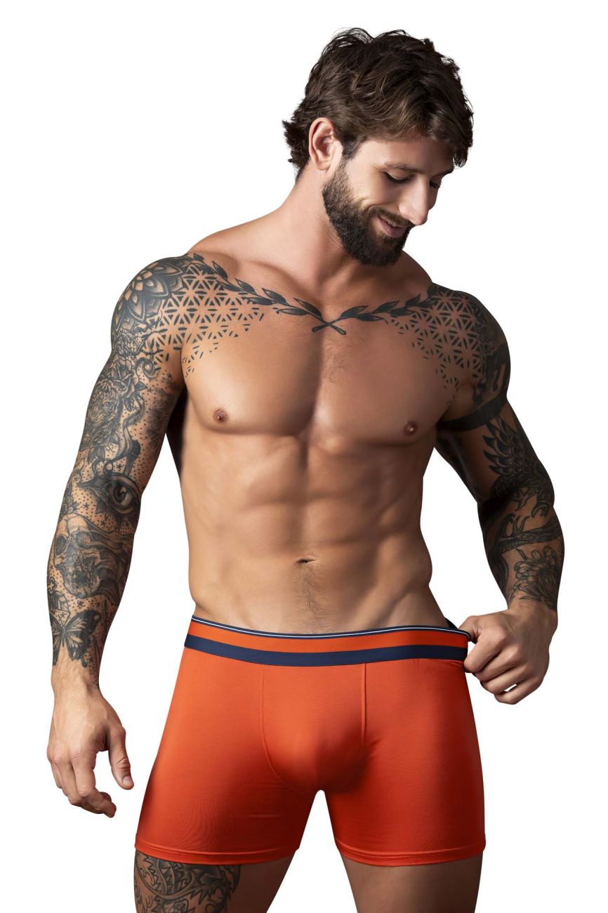 Male power 160-299 soo cumfy boxer briefs in orange with navy blue and white striped waistband for comfortable wear