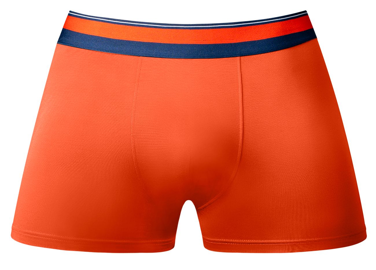 Male Power 160-299 Soo Cumfy boxer briefs in bright orange with navy blue waistband and white red stripes