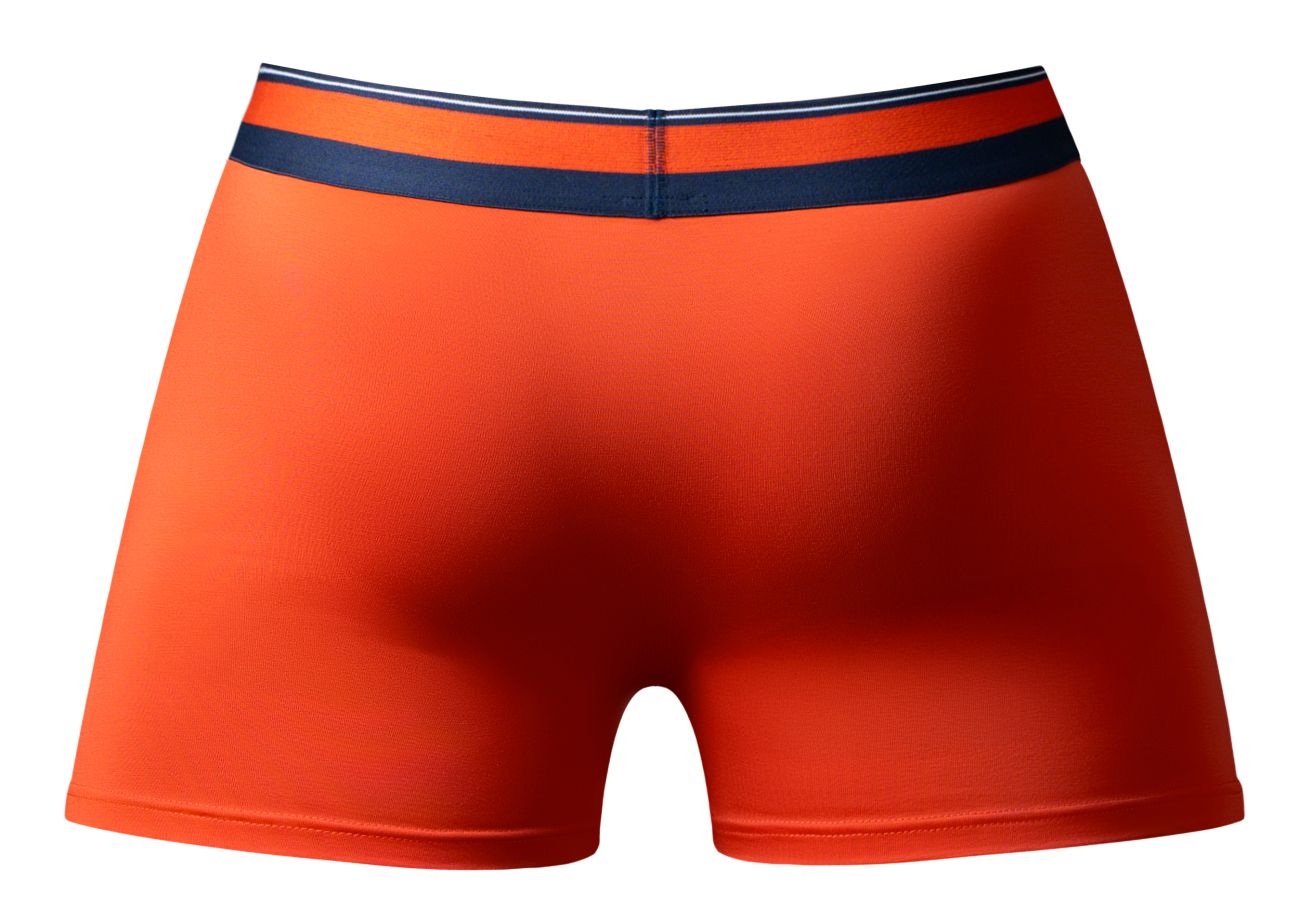 Bright orange male power 160-299 soo cumfy boxer briefs with navy blue white and gray striped waistband