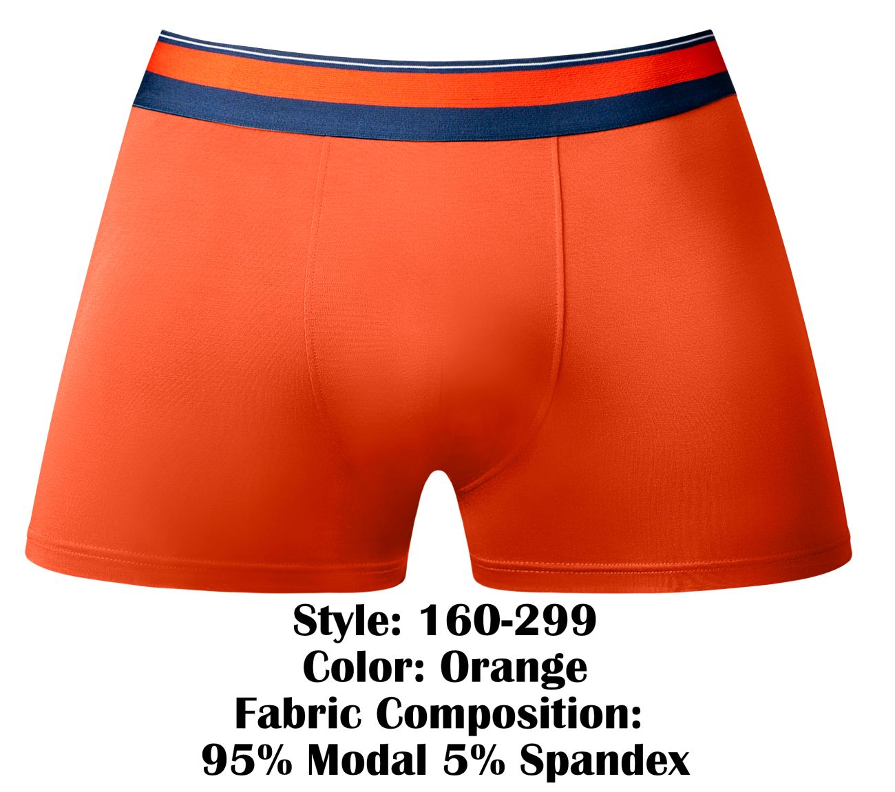 Male power 160-299 soo cumfy boxer brief in orange with navy blue and white striped waistband made of 95 modal 5 spandex