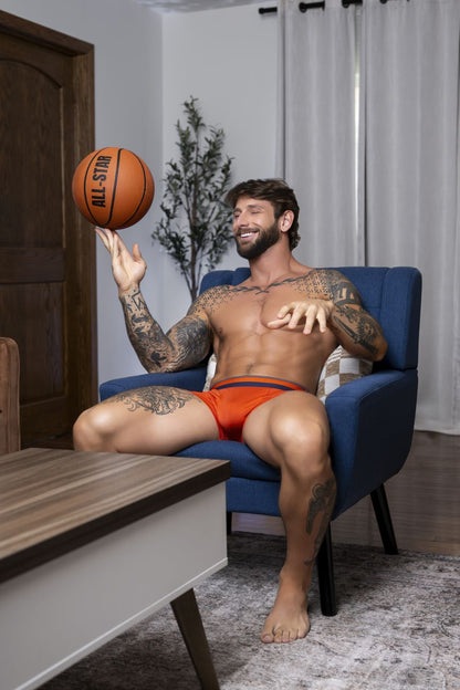 Male power 160-299 soo cumfy boxer brief in orange featuring an orange basketball with black all-star lettering
