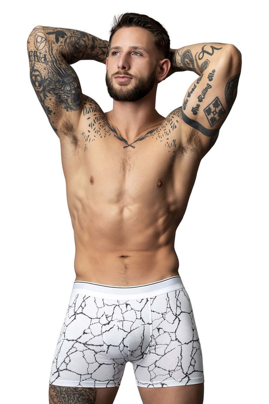 Male power soo cumfy boxer briefs white with black cracked earth pattern for comfortable everyday wear
