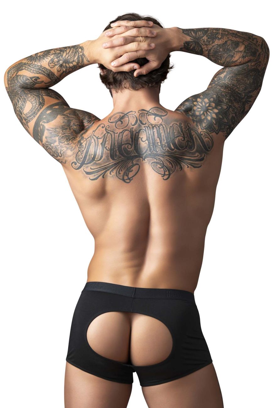 Black male power 162-304 open ended moonshine short briefs with elastic cock ring and oval back cutout shown from back side