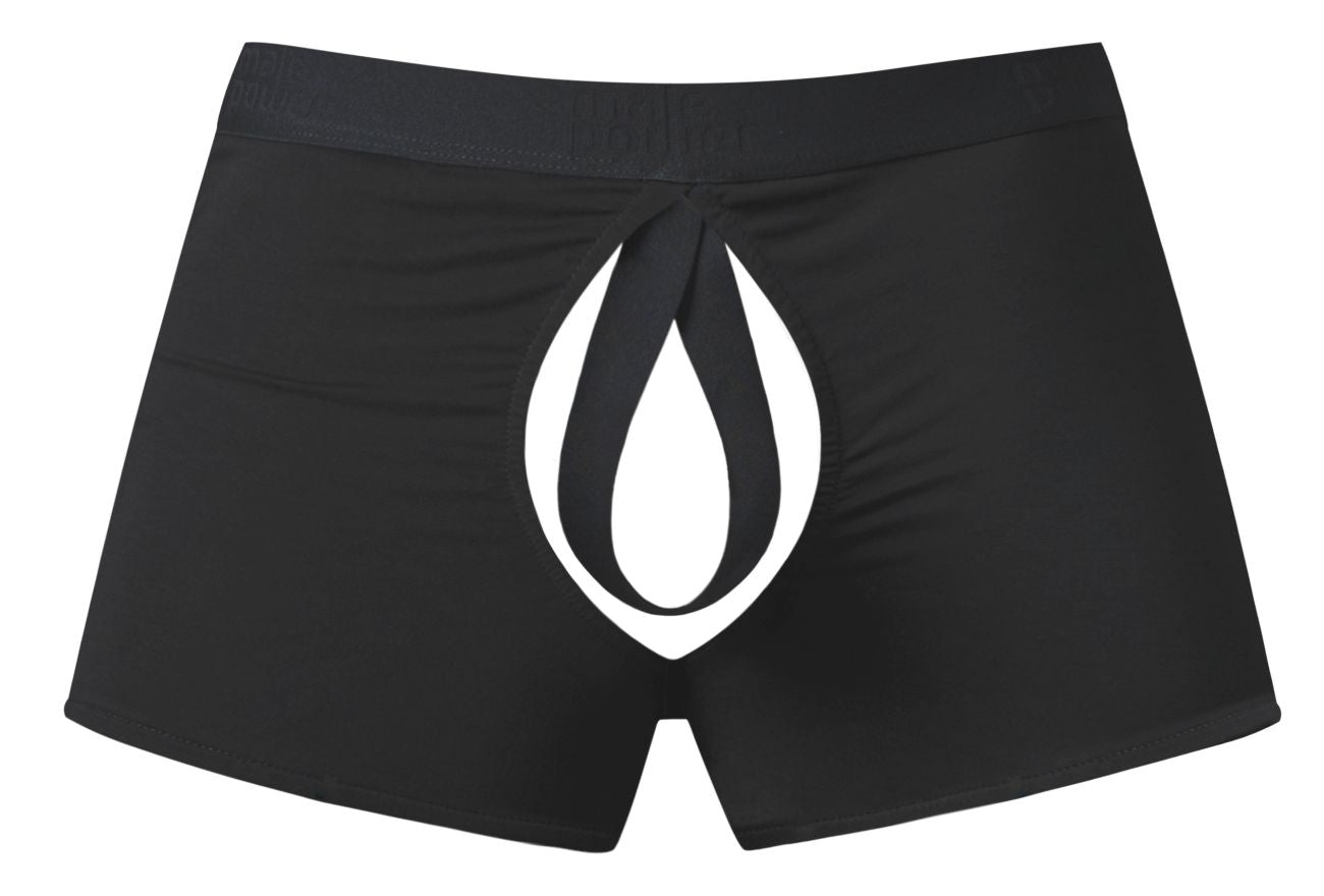 Black Male Power 162-304 open ended moonshine short boxer briefs with bold white flame logo and elastic cock ring